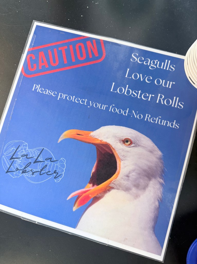 A caution sign featuring a seagull with its mouth open, warning that seagulls love lobster rolls and advising customers to protect their food. The sign includes a message about no refunds.